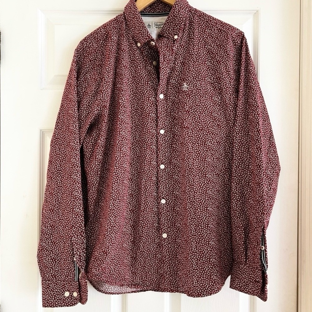 ORIGINAL PENGUIN Men's Burgundy Micro Print Button Down Shirt